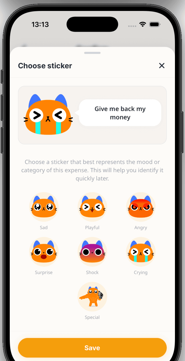 MeowPay step 3 — pick a sticker to personalize the bill