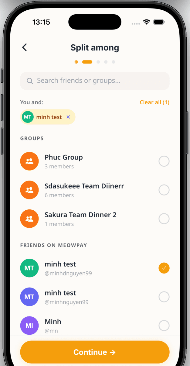 MeowPay step 2 — add friends to the bill