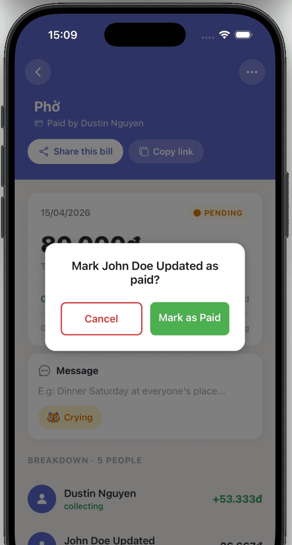 MeowPay step 6 — mark a friend as paid