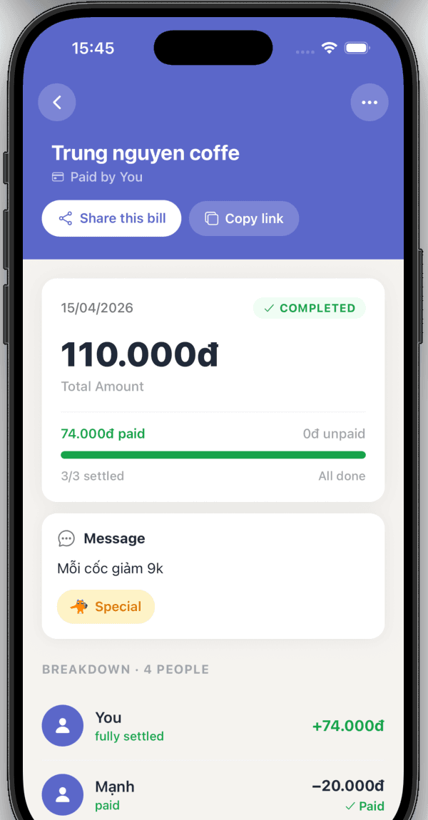 MeowPay step 8 — view bill detail and track outstanding payments